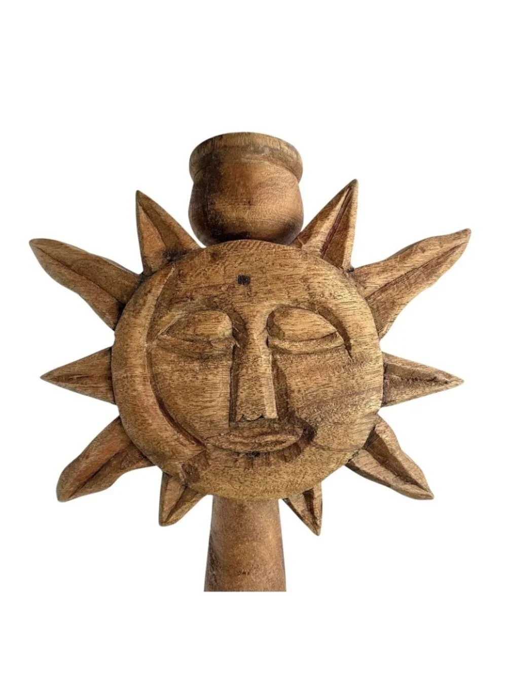 Wood Carved Sun Moon Face Large Candle Holder 17” Celestial Folk Art Whimsigoth